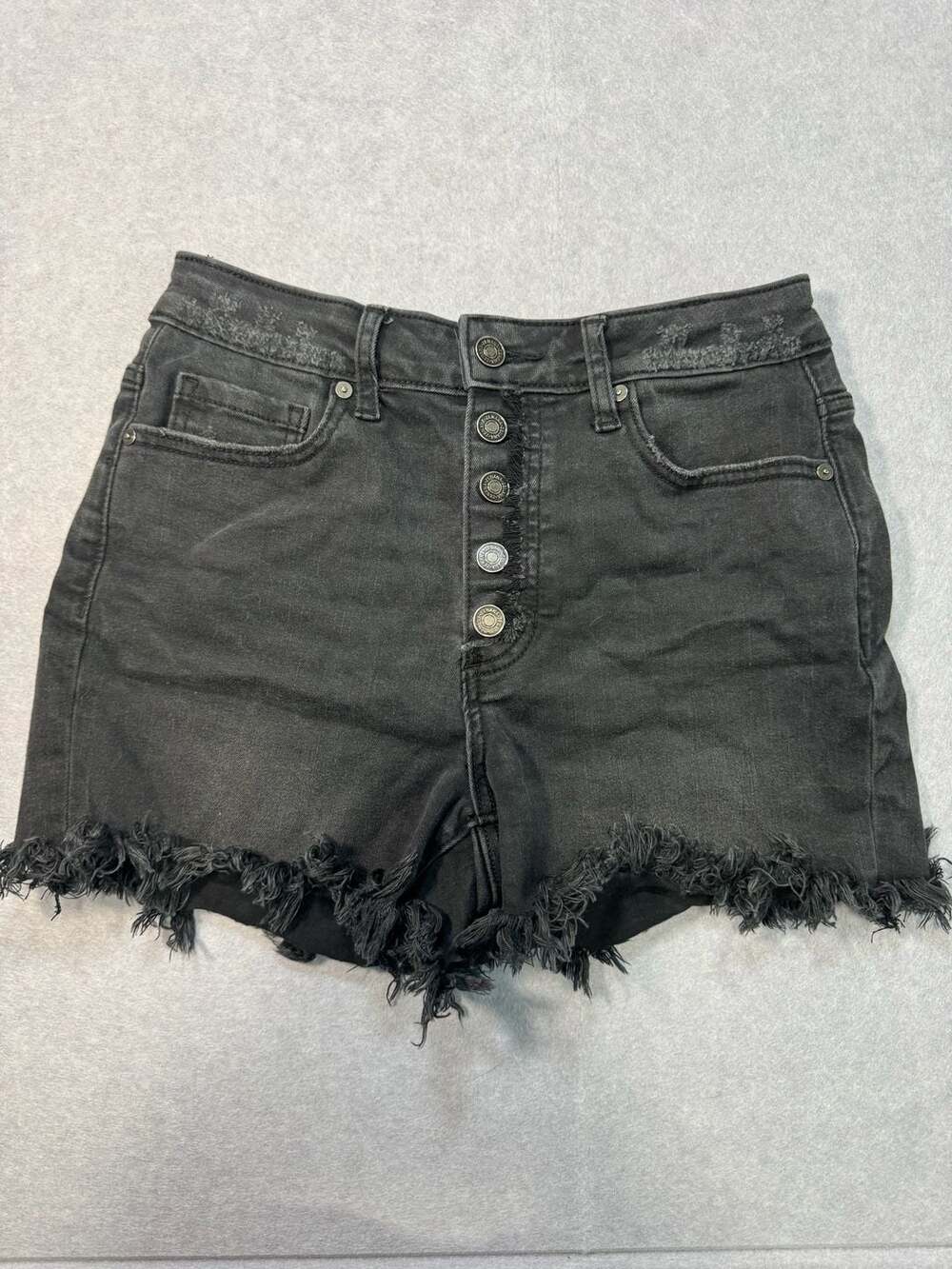 Zenana Black Distressed Denim Button Fly Cut Off Shorts Size M Style DTP-1787A